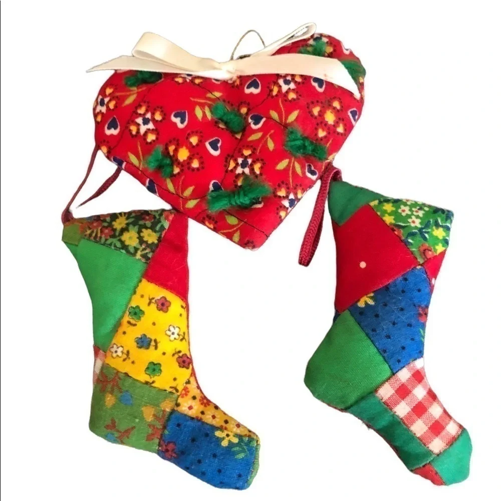 Handmade Farmhouse 7PC Christmas Printed Fabric Plush Hanging Ornaments Boho
